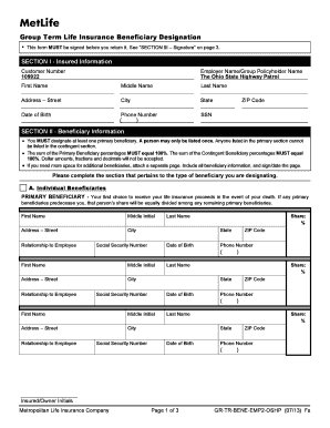 Group Term Life Insurance Beneficiary Designation