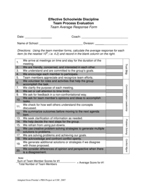 School Discipline Team Process Evaluation Form