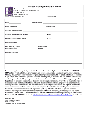 Missouri Dental Plan Inquiry Complaint Form