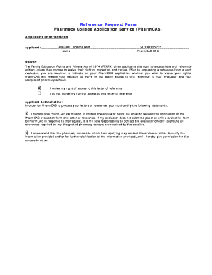 Pharmacy College Application Service Reference Request Form