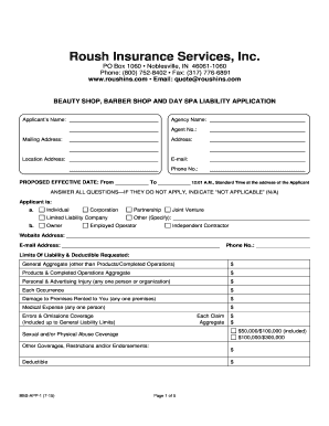 Beauty Shop Barber Shop and Day Spa Liability Application