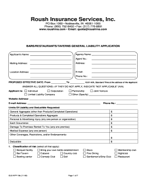 Bars Restaurants Taverns General Liability Application