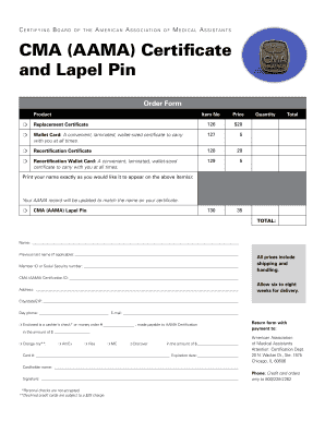 CMA Certificate and Lapel Pin Order Form