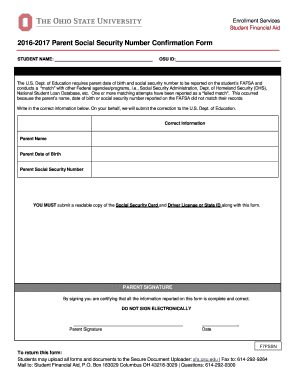 2016-2017 Parent Social Security Number Confirmation Form