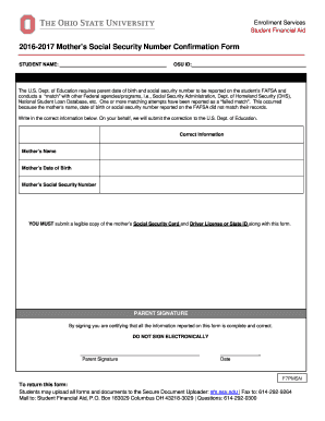 Mother’s Social Security Number Confirmation Form