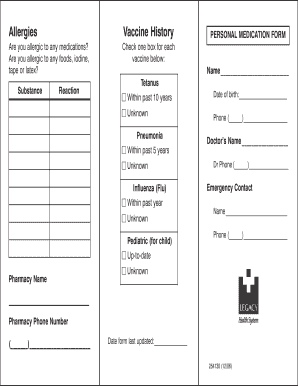 Allergies Vaccine History Personal Medication Form