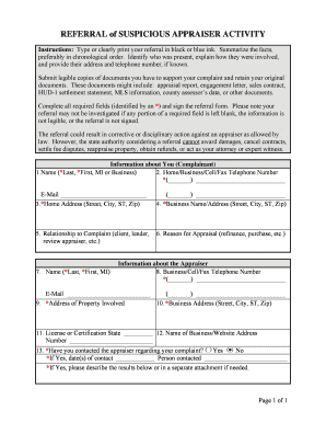 Referral of Suspicious Appraiser Activity Form