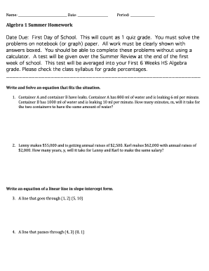 Algebra Summer Homework Assignment