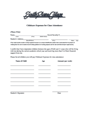 Childcare Expenses for Class Attendance Form