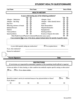 Student Health Questionnaire