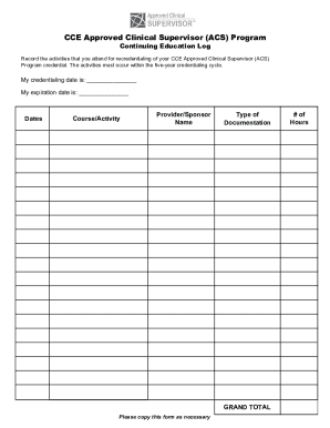 CCE Approved Clinical Supervisor Continuing Education Log