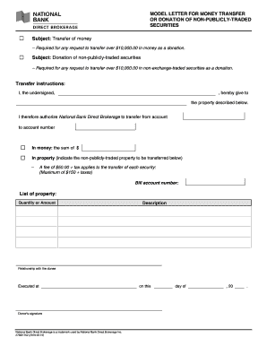 Money Transfer or Donation of Non-Publicly-Traded Securities Letter