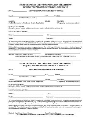 Sulphur Springs ISD School Bus Permission Form
