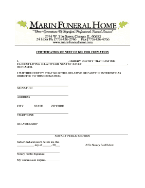 Certification of Next of Kin for Cremation