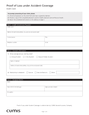 Proof of Loss under Accident Coverage - Death Claim