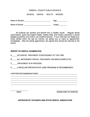 School Dental Health Record Form