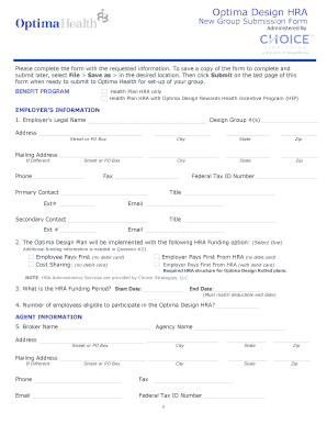 Optima Design HRA New Group Submission Form