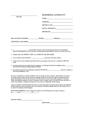 Residence Affidavit for Slot Machine Purchase