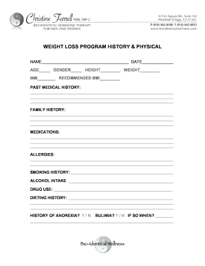 Weight Loss Program History and Physical