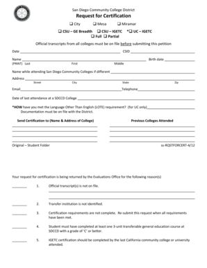 San Diego Community College District Request for Certification