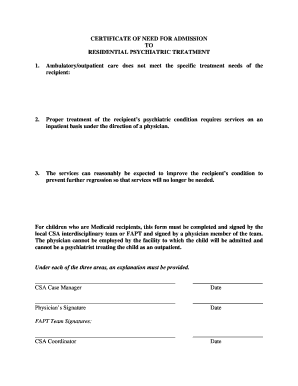 Certificate of Need for Residential Psychiatric Treatment