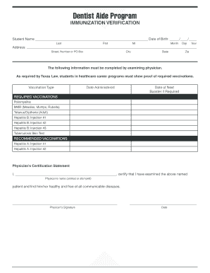 Texas Healthcare Student Immunization Verification Form