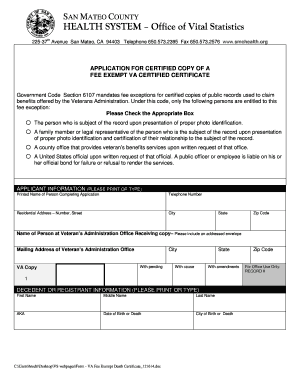 VA Fee Exempt Death Certificate Application