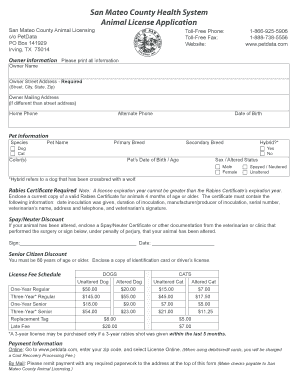 San Mateo County Animal License Application