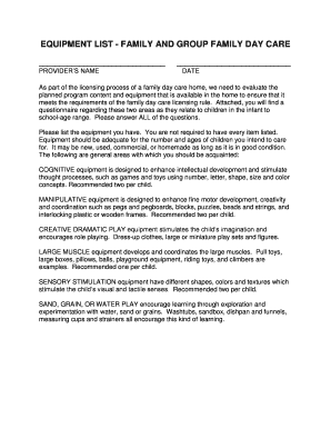 Family Day Care Equipment List Form