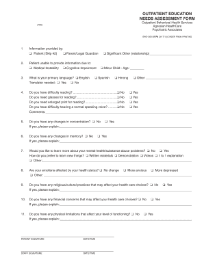 Outpatient Education Needs Assessment Form