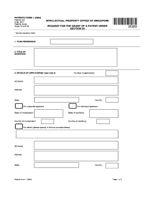 Patents Form 1 Request for Grant