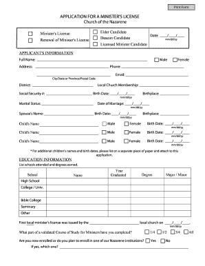 Application for Minister's License