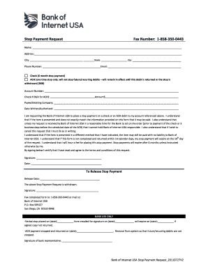 Bank of Internet USA Stop Payment Request