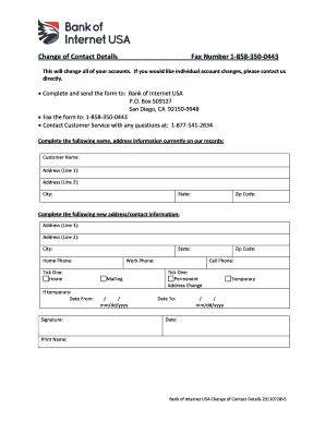 Bank of Internet USA Change of Contact Details Form