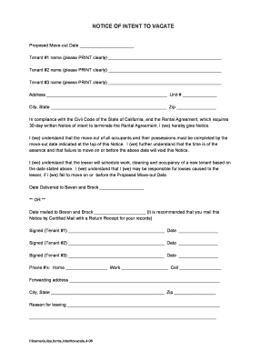 Notice of Intent to Vacate