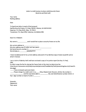 Letter to Credit Bureau to Place Credit Freeze