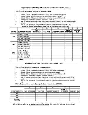 Kansas City Quarterly Withholding Worksheet