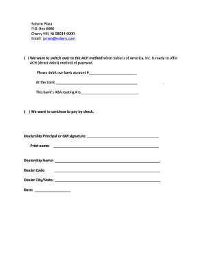 Subaru ACH Payment Authorization Form
