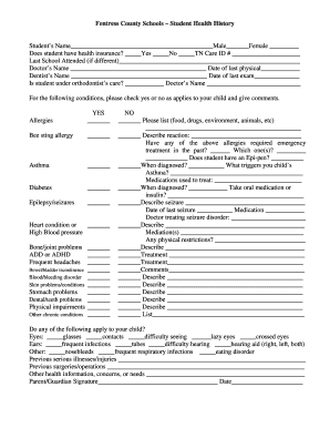 Fentress County Schools Student Health History Form