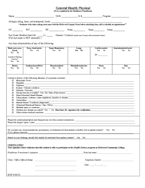Health Physical Form for Healthcare Students