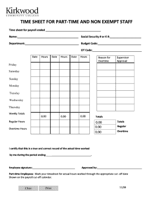 Time Sheet for Part-Time and Non Exempt Staff