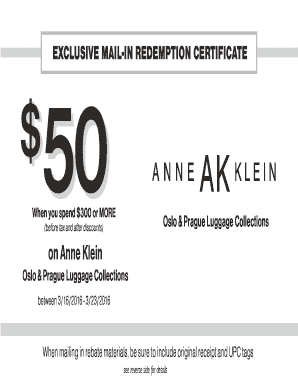 Anne Klein Luggage Mail-In Redemption Certificate
