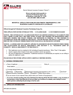 Renewal Application for Psychiatrists' Professional and Business Liability Insurance