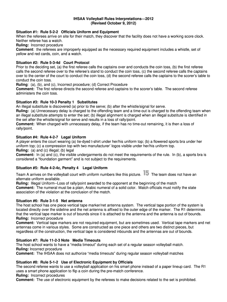 Fillable Online IHSAA Volleyball Rules Interpretations2012 Fax Email