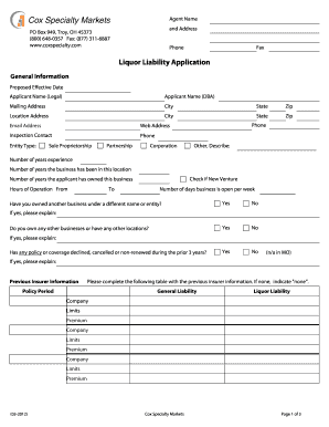 Liquor Liability Insurance Application