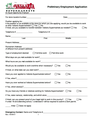 Vallarta Supermarkets Preliminary Employment Application