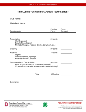 4-H Club Historian's Scrapbook Score Sheet