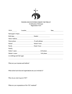 Teens Encounter Christ Retreat Registration Form