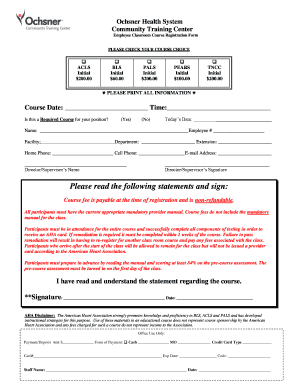Ochsner Health Employee Classroom Course Registration Form