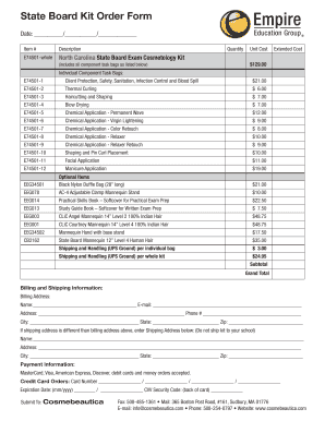 North Carolina State Board Cosmetology Kit Order Form